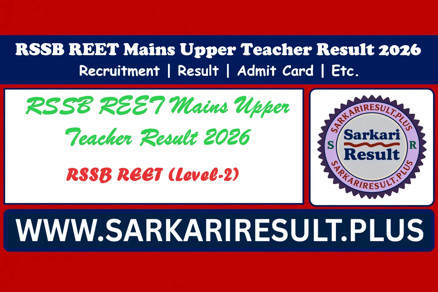 RSSB REET Mains Upper Teacher Result 2026 Out (Level-2)